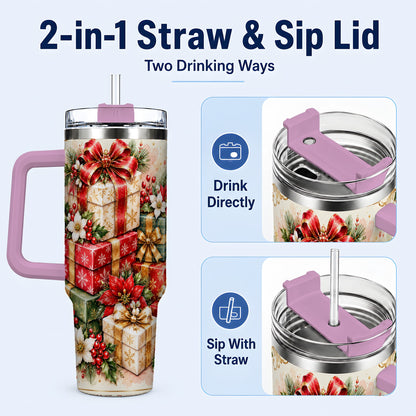 #pl[40oz|Pink] Christmas Packages 40oz Tumbler with Handle, Red Ribbon Holiday Decor