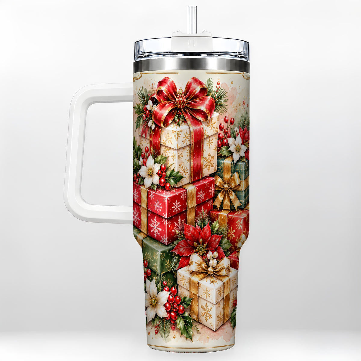 Christmas Packages 40oz Tumbler with Handle, Red Ribbon Holiday Decor