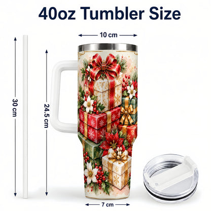 #pl[40oz|White] Christmas Packages 40oz Tumbler with Handle, Red Ribbon Holiday Decor