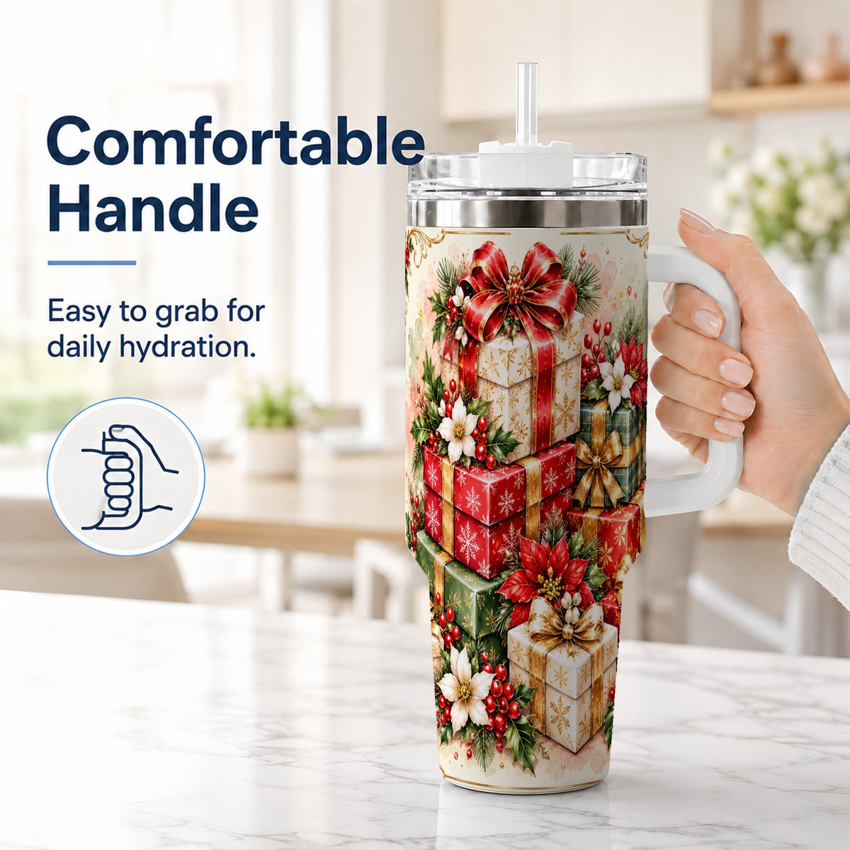 #pl[40oz|White] Christmas Packages 40oz Tumbler with Handle, Red Ribbon Holiday Decor