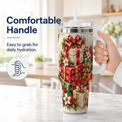 #pl[40oz|White] Christmas Packages 40oz Tumbler with Handle, Red Ribbon Holiday Decor