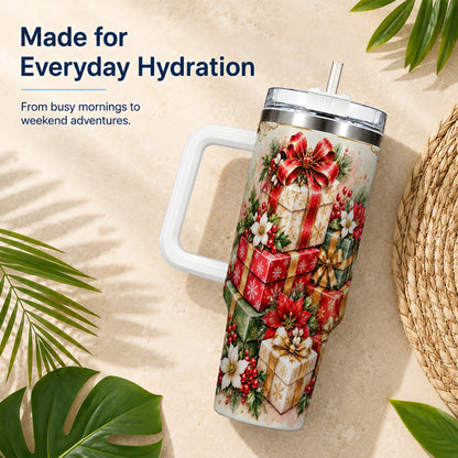 Christmas Packages 40oz Tumbler with Handle, Red Ribbon Holiday Decor