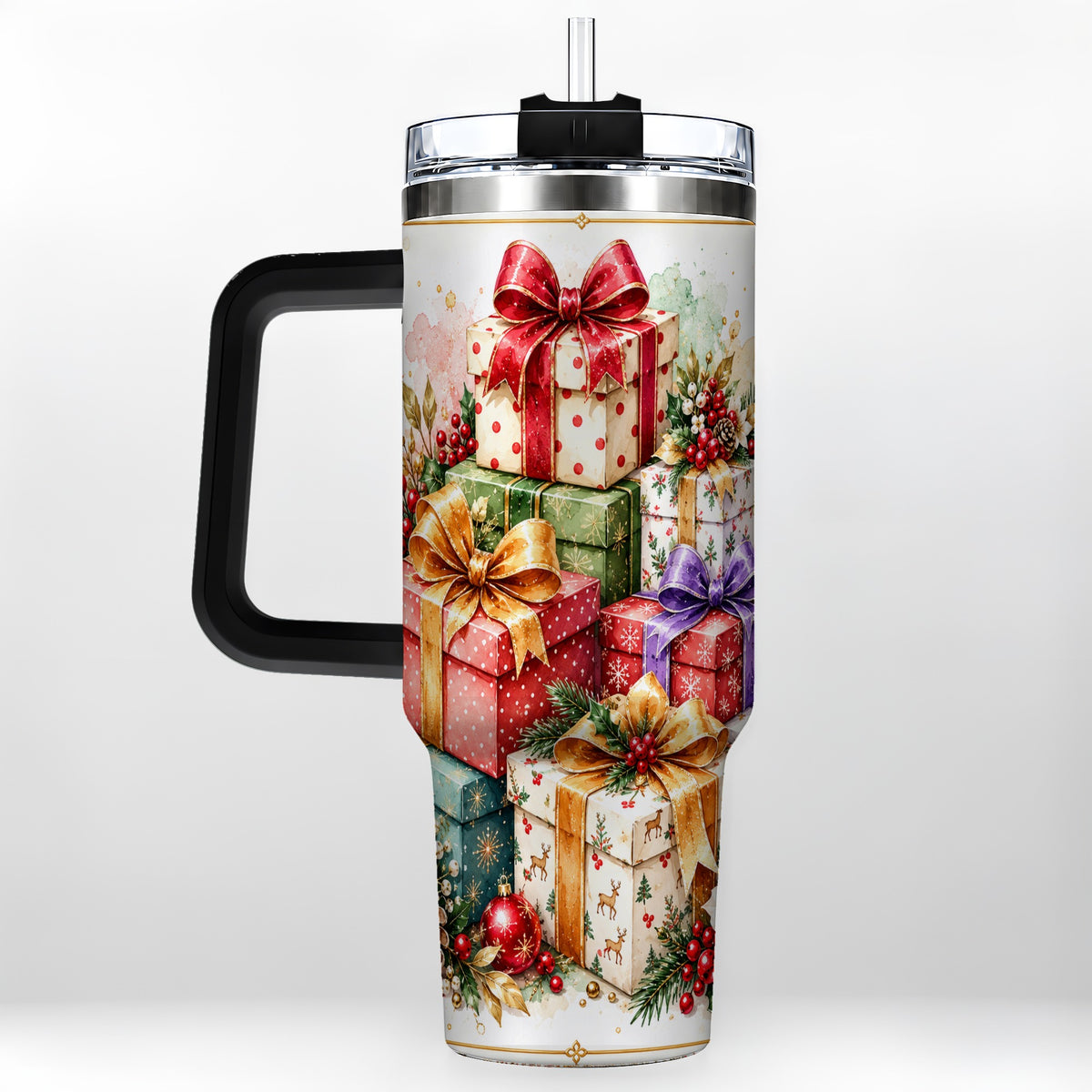 #pl[40oz|Black] Christmas Present Stack 40oz Tumbler with Handle, Festive Ribbon Decor