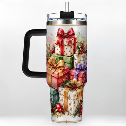 #pl[40oz|Black] Christmas Present Stack 40oz Tumbler with Handle, Festive Ribbon Decor