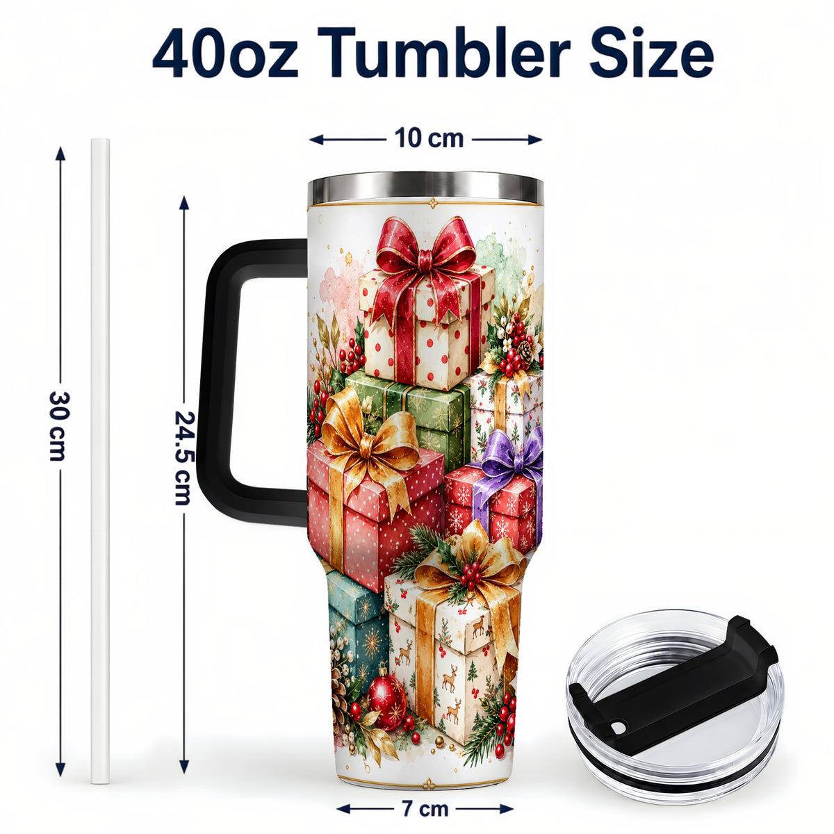 #pl[40oz|Black] Christmas Present Stack 40oz Tumbler with Handle, Festive Ribbon Decor