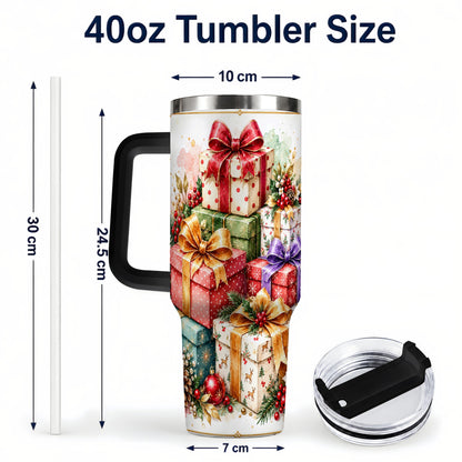 #pl[40oz|Black] Christmas Present Stack 40oz Tumbler with Handle, Festive Ribbon Decor