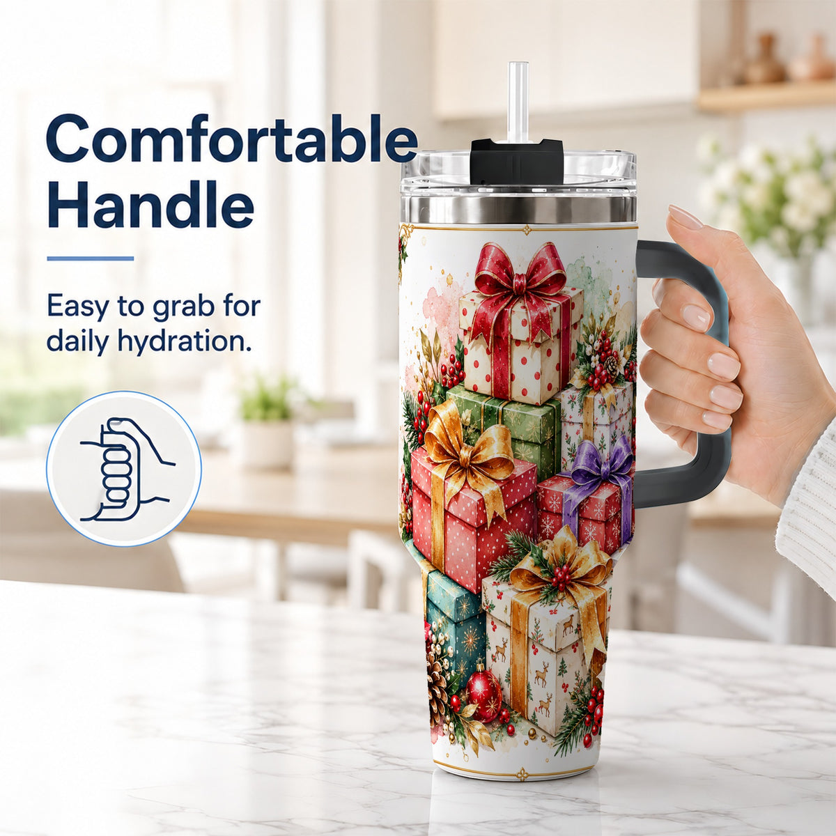 #pl[40oz|Black] Christmas Present Stack 40oz Tumbler with Handle, Festive Ribbon Decor