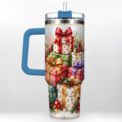 #pl[40oz|Blue] Christmas Present Stack 40oz Tumbler with Handle, Festive Ribbon Decor