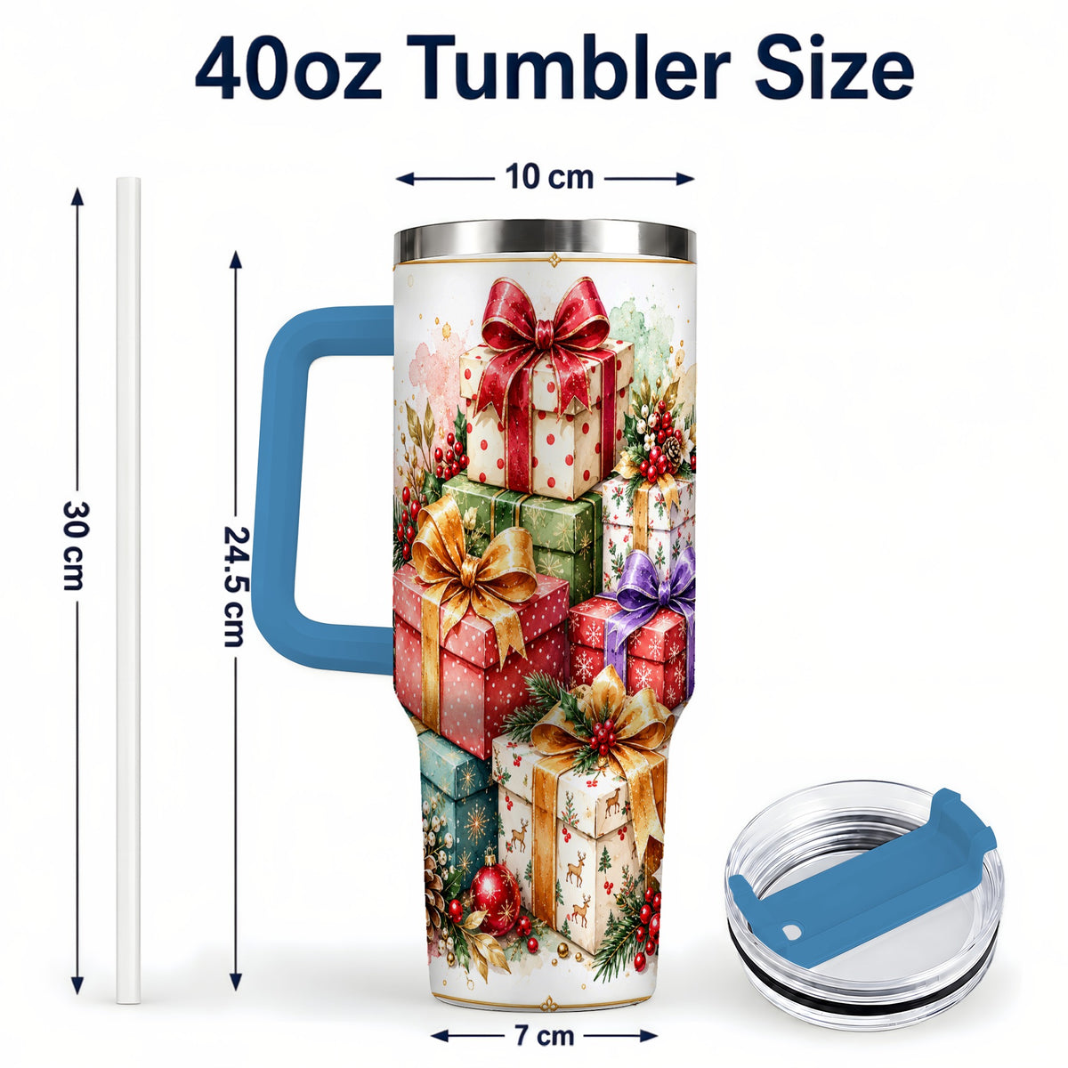 #pl[40oz|Blue] Christmas Present Stack 40oz Tumbler with Handle, Festive Ribbon Decor