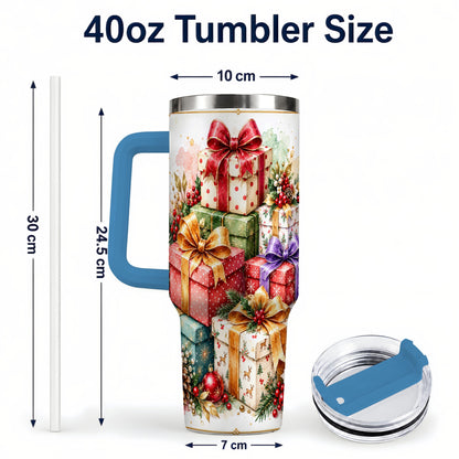 #pl[40oz|Blue] Christmas Present Stack 40oz Tumbler with Handle, Festive Ribbon Decor