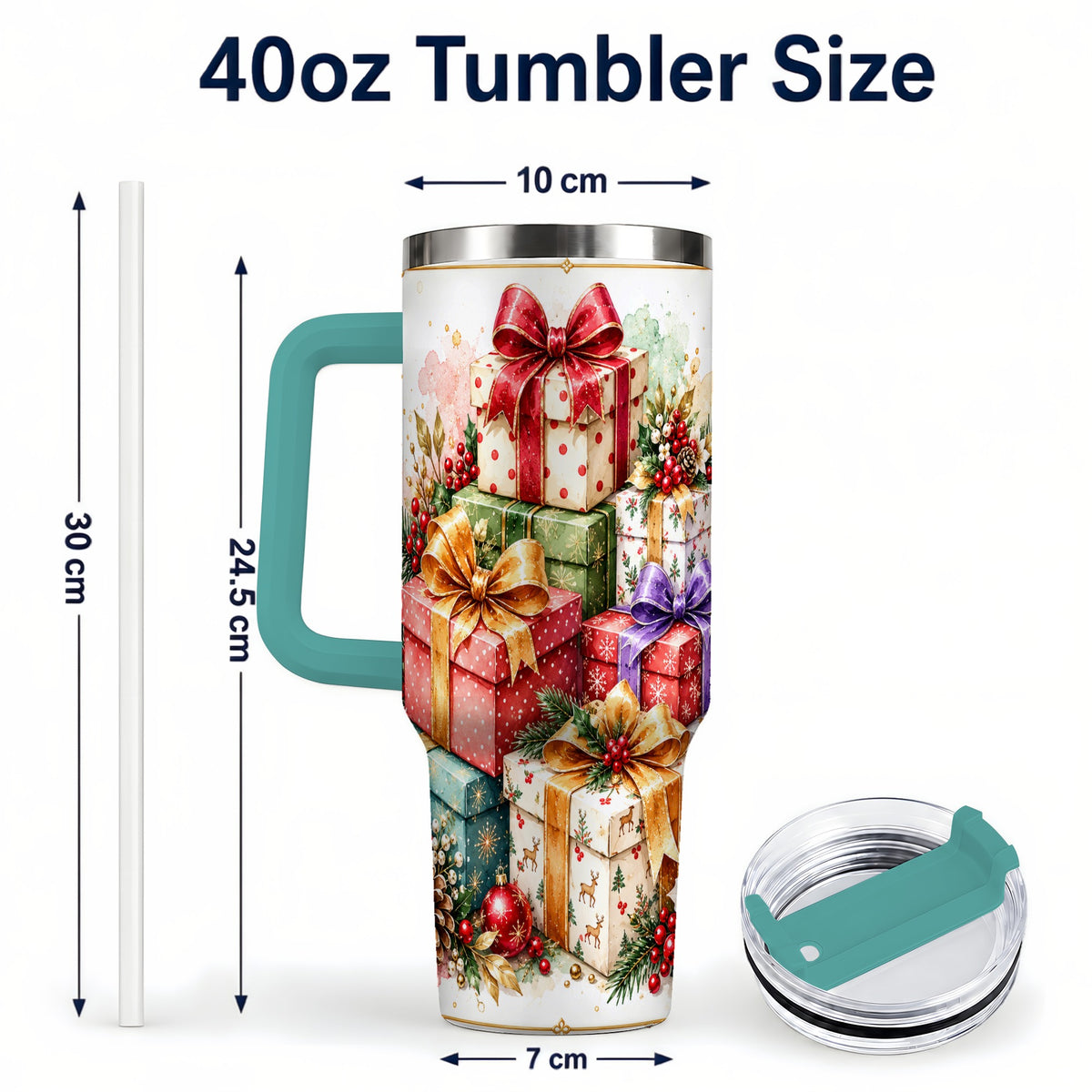 #pl[40oz|Green] Christmas Present Stack 40oz Tumbler with Handle, Festive Ribbon Decor