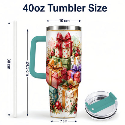 #pl[40oz|Green] Christmas Present Stack 40oz Tumbler with Handle, Festive Ribbon Decor