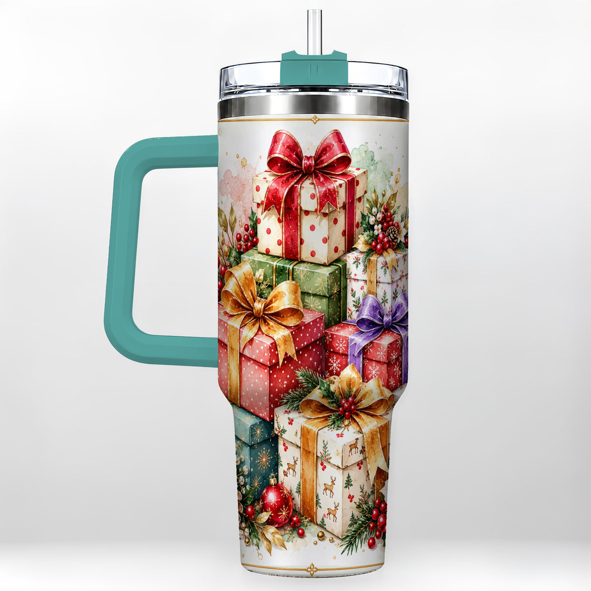 #pl[40oz|Green] Christmas Present Stack 40oz Tumbler with Handle, Festive Ribbon Decor