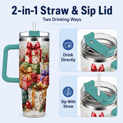 #pl[40oz|Green] Christmas Present Stack 40oz Tumbler with Handle, Festive Ribbon Decor