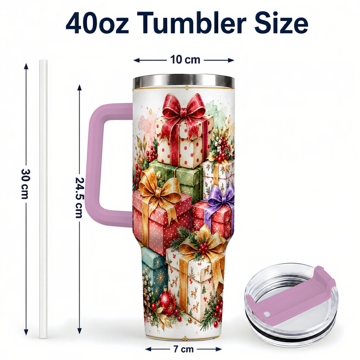 #pl[40oz|Pink] Christmas Present Stack 40oz Tumbler with Handle, Festive Ribbon Decor