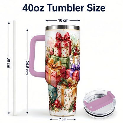 #pl[40oz|Pink] Christmas Present Stack 40oz Tumbler with Handle, Festive Ribbon Decor
