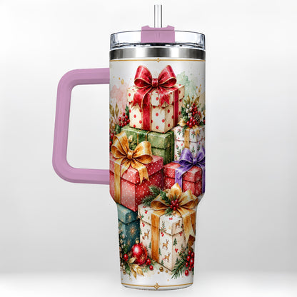 #pl[40oz|Pink] Christmas Present Stack 40oz Tumbler with Handle, Festive Ribbon Decor