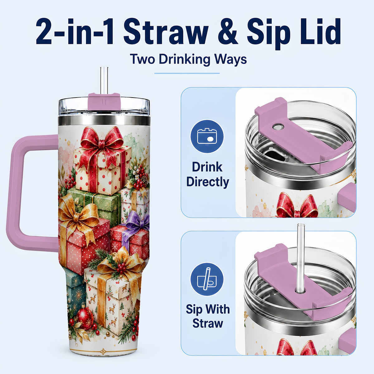 #pl[40oz|Pink] Christmas Present Stack 40oz Tumbler with Handle, Festive Ribbon Decor