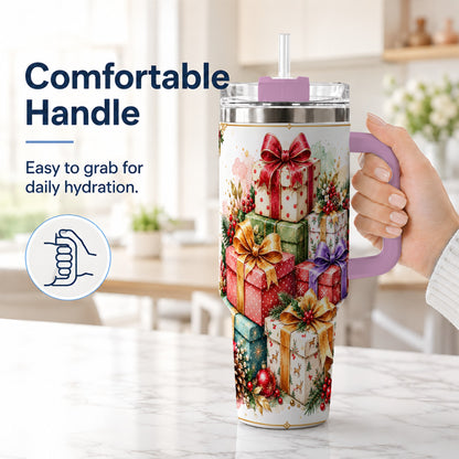 #pl[40oz|Pink] Christmas Present Stack 40oz Tumbler with Handle, Festive Ribbon Decor
