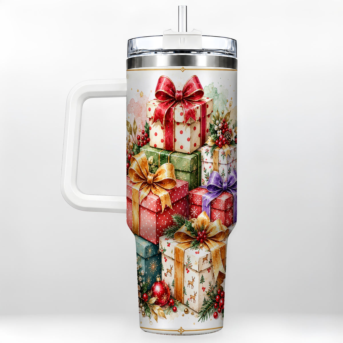 Christmas Present Stack 40oz Tumbler with Handle, Festive Ribbon Decor