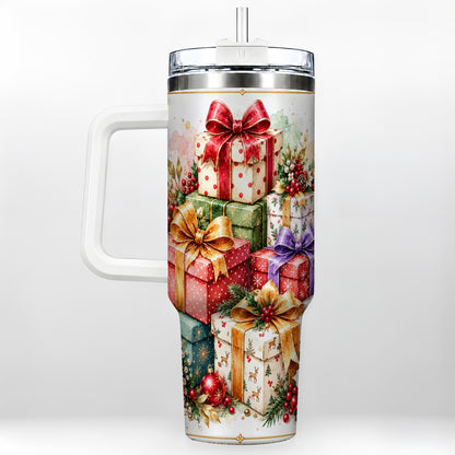 Christmas Present Stack 40oz Tumbler with Handle, Festive Ribbon Decor