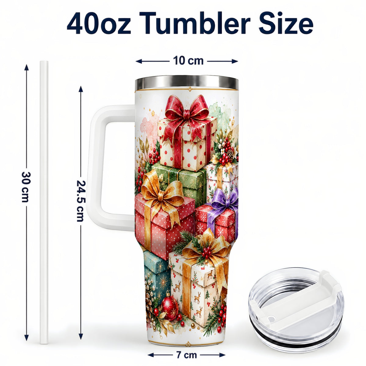 #pl[40oz|White] Christmas Present Stack 40oz Tumbler with Handle, Festive Ribbon Decor