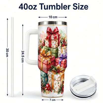 #pl[40oz|White] Christmas Present Stack 40oz Tumbler with Handle, Festive Ribbon Decor