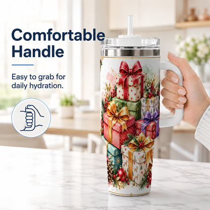 #pl[40oz|White] Christmas Present Stack 40oz Tumbler with Handle, Festive Ribbon Decor