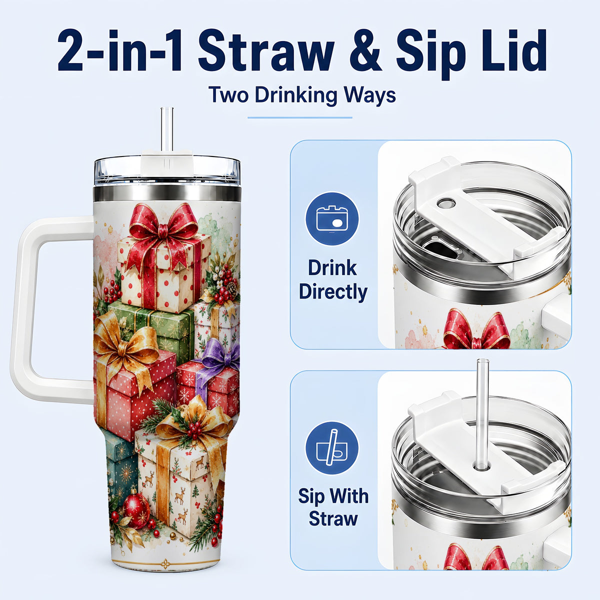 #pl[40oz|White] Christmas Present Stack 40oz Tumbler with Handle, Festive Ribbon Decor