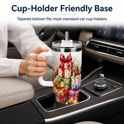 Christmas Present Stack 40oz Tumbler with Handle, Festive Ribbon Decor