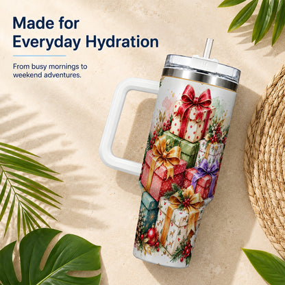 Christmas Present Stack 40oz Tumbler with Handle, Festive Ribbon Decor