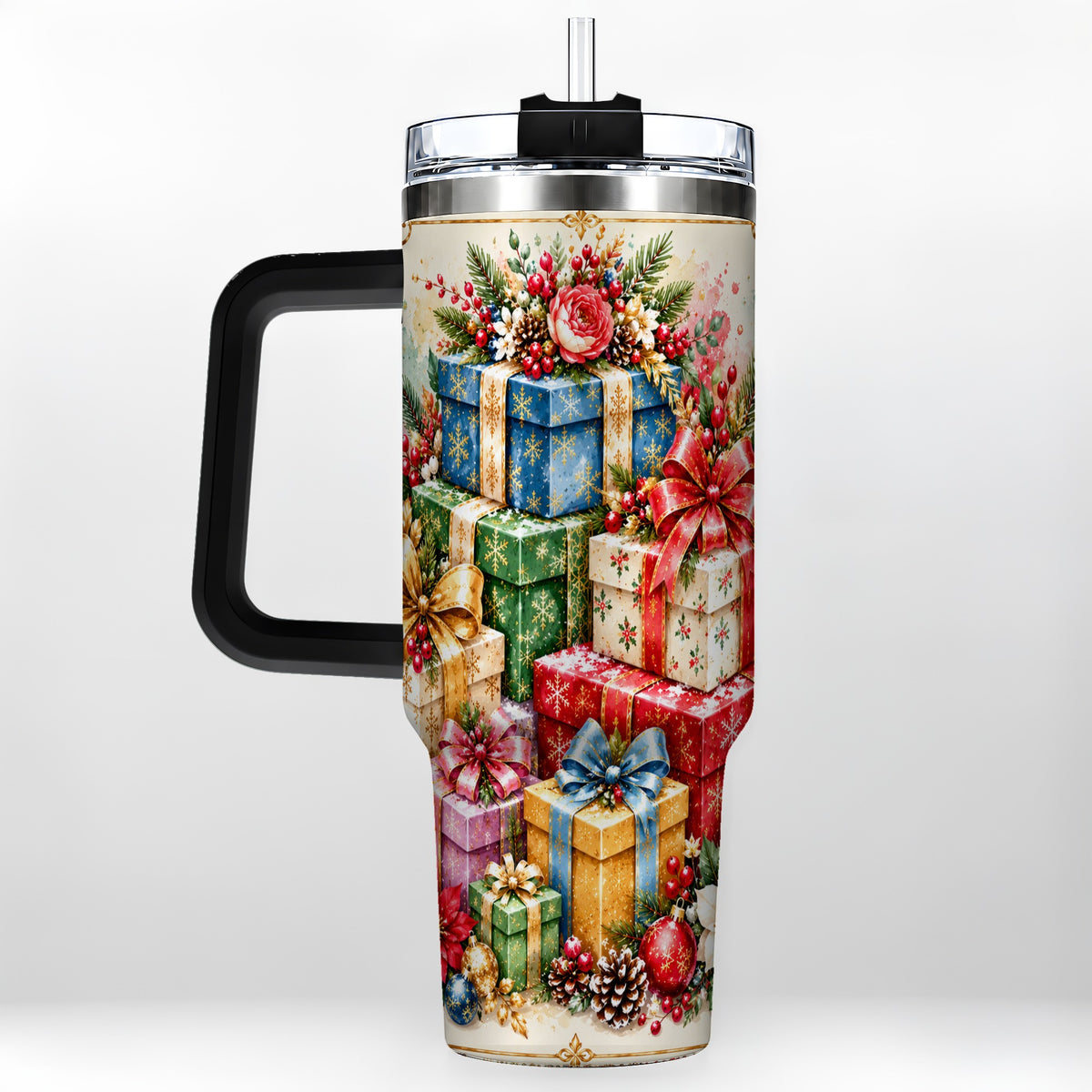 #pl[40oz|Black] Christmas Presents 40oz Tumbler with Handle, Floral Holiday Drinkware