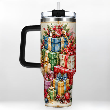 #pl[40oz|Black] Christmas Presents 40oz Tumbler with Handle, Floral Holiday Drinkware