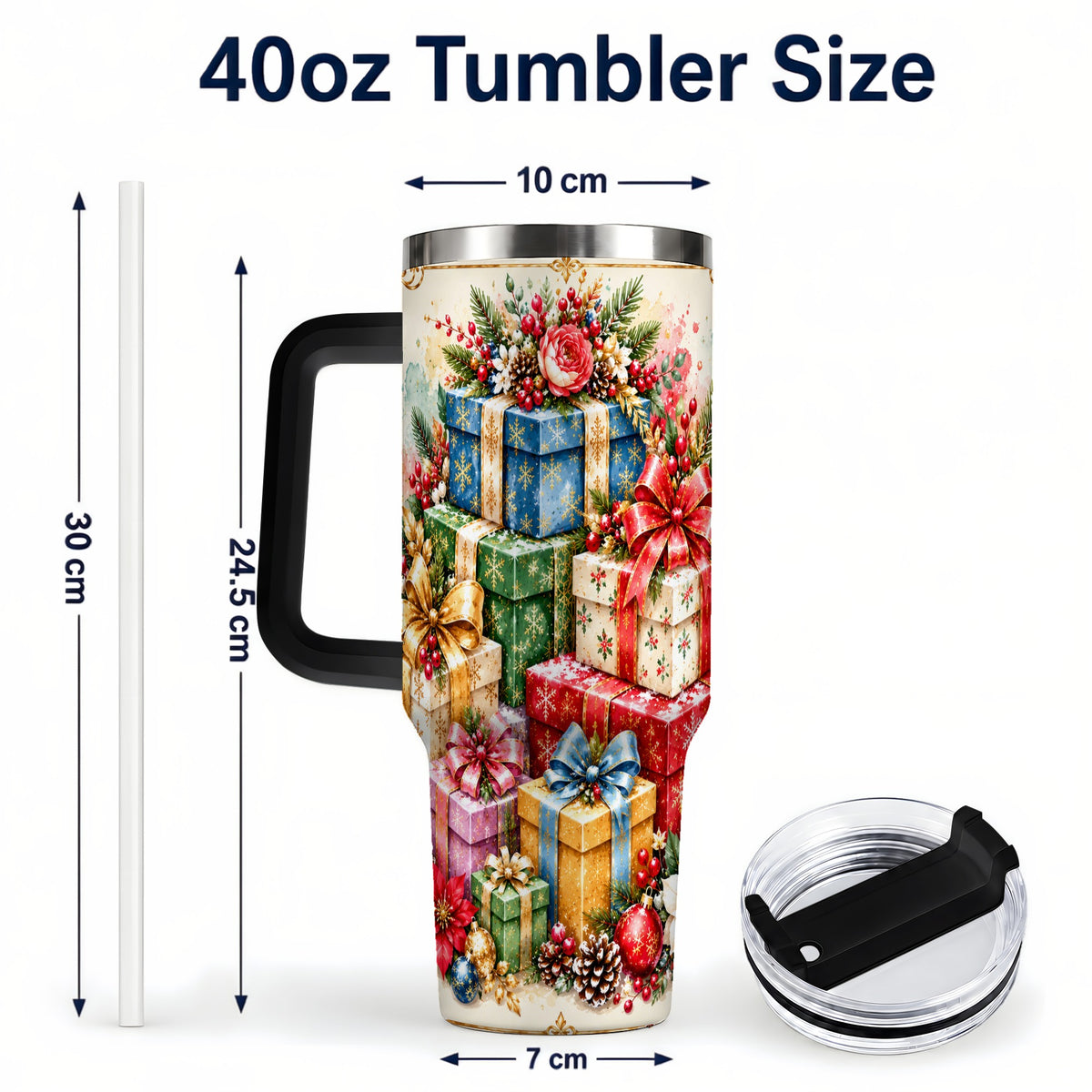 #pl[40oz|Black] Christmas Presents 40oz Tumbler with Handle, Floral Holiday Drinkware