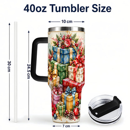 #pl[40oz|Black] Christmas Presents 40oz Tumbler with Handle, Floral Holiday Drinkware