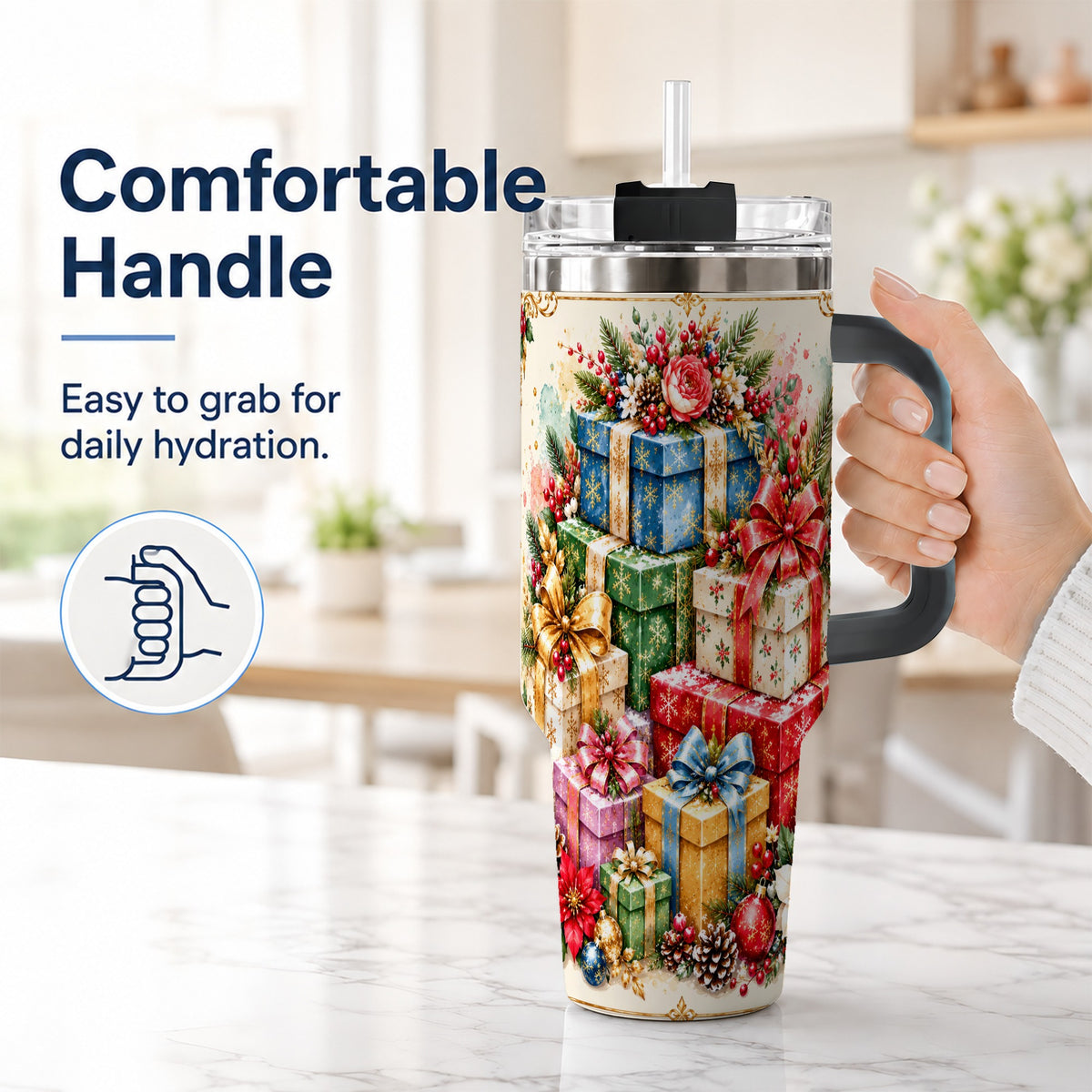#pl[40oz|Black] Christmas Presents 40oz Tumbler with Handle, Floral Holiday Drinkware