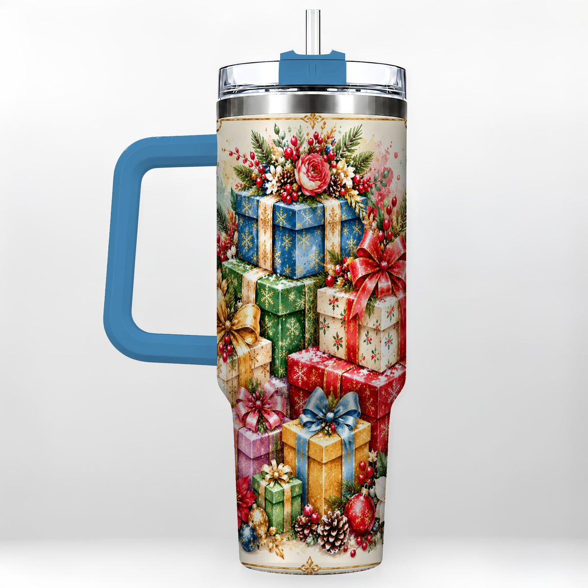 #pl[40oz|Blue] Christmas Presents 40oz Tumbler with Handle, Floral Holiday Drinkware