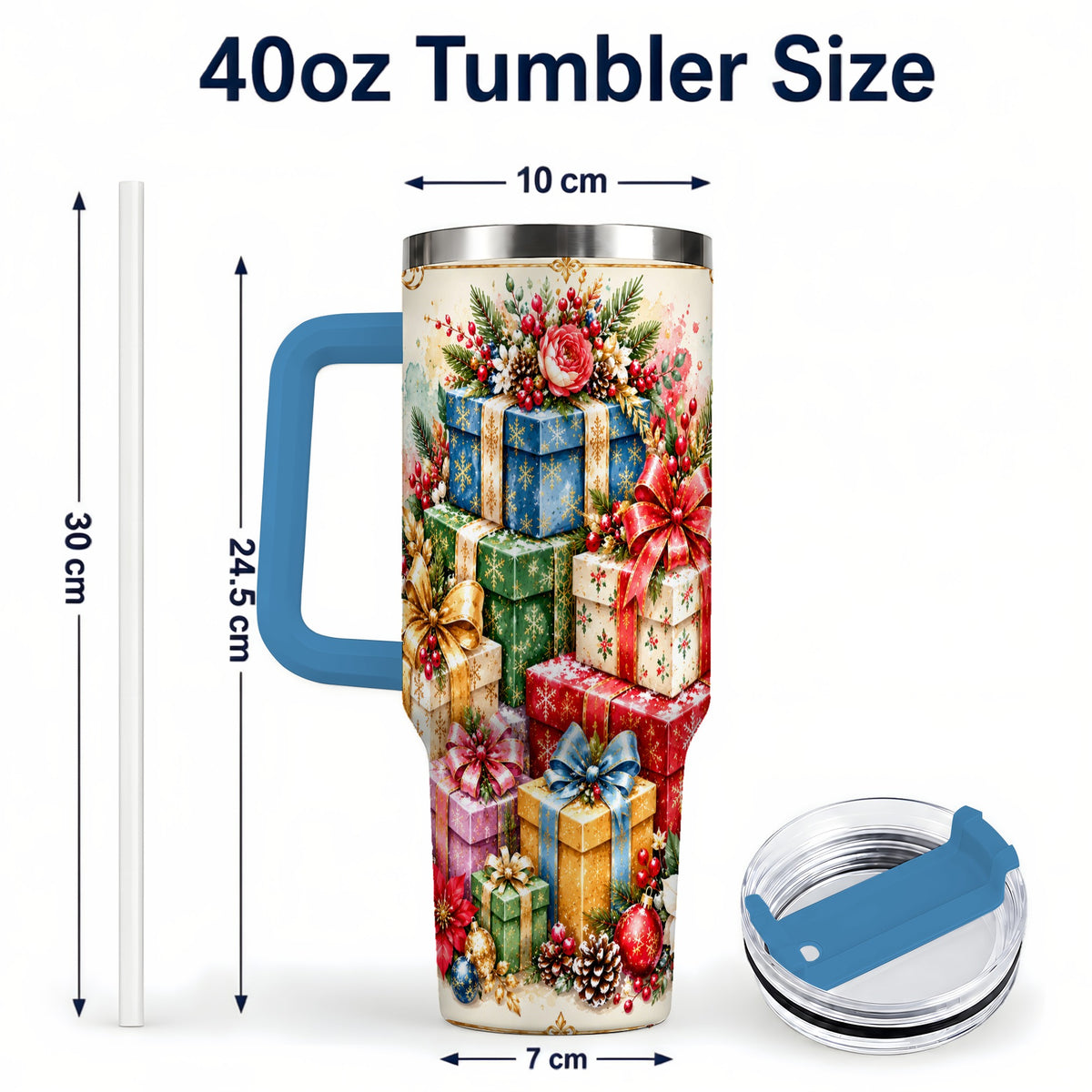 #pl[40oz|Blue] Christmas Presents 40oz Tumbler with Handle, Floral Holiday Drinkware