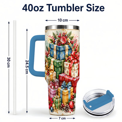#pl[40oz|Blue] Christmas Presents 40oz Tumbler with Handle, Floral Holiday Drinkware
