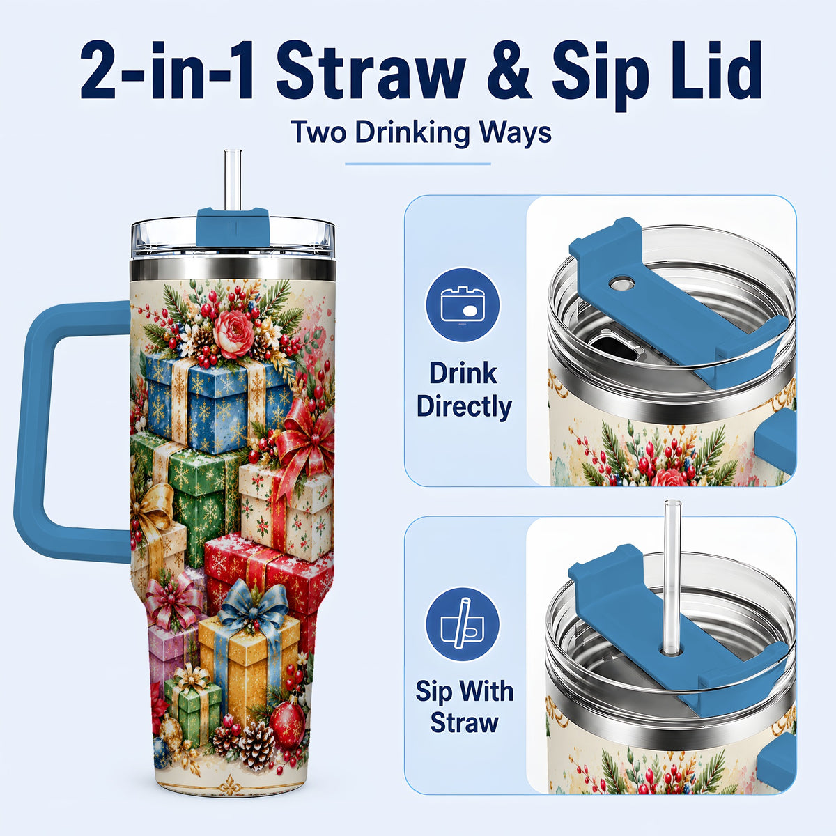 #pl[40oz|Blue] Christmas Presents 40oz Tumbler with Handle, Floral Holiday Drinkware
