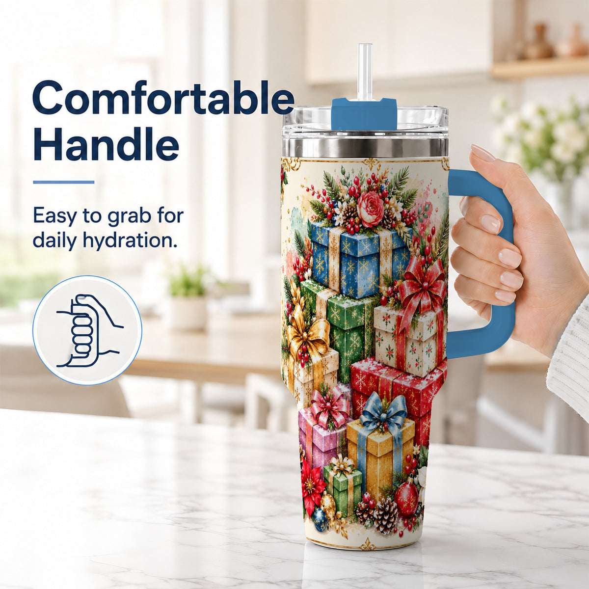 #pl[40oz|Blue] Christmas Presents 40oz Tumbler with Handle, Floral Holiday Drinkware