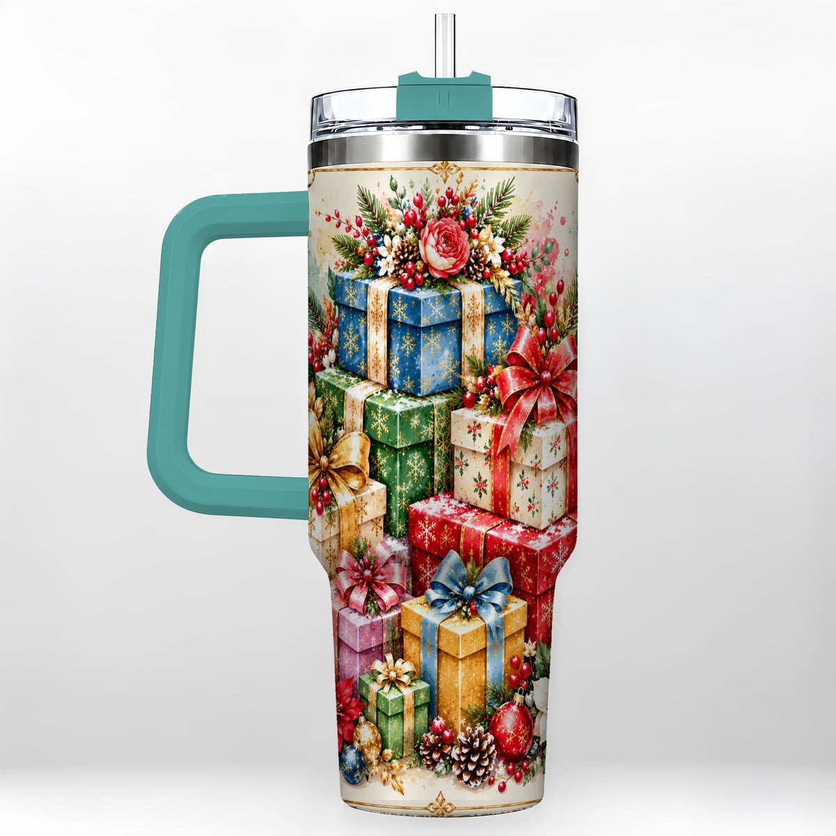 #pl[40oz|Green] Christmas Presents 40oz Tumbler with Handle, Floral Holiday Drinkware