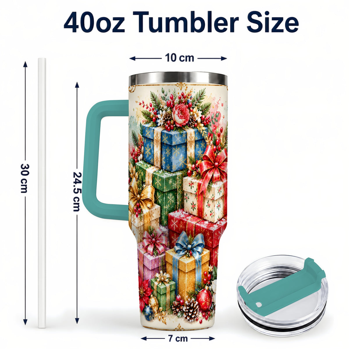 #pl[40oz|Green] Christmas Presents 40oz Tumbler with Handle, Floral Holiday Drinkware