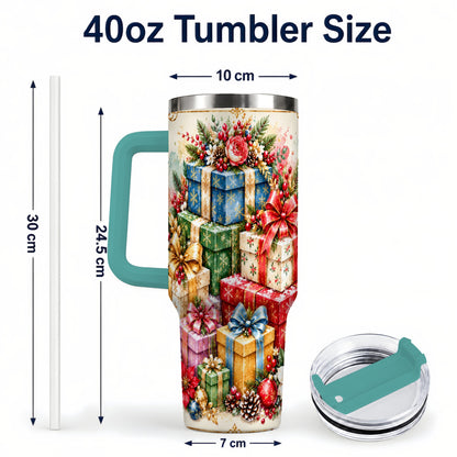 #pl[40oz|Green] Christmas Presents 40oz Tumbler with Handle, Floral Holiday Drinkware