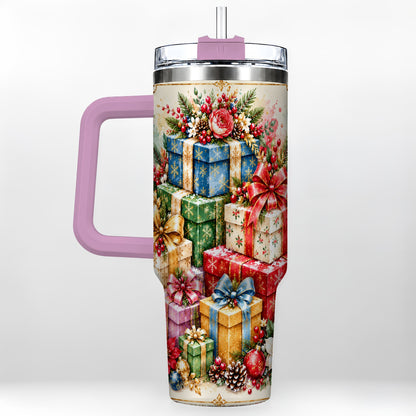 #pl[40oz|Pink] Christmas Presents 40oz Tumbler with Handle, Floral Holiday Drinkware