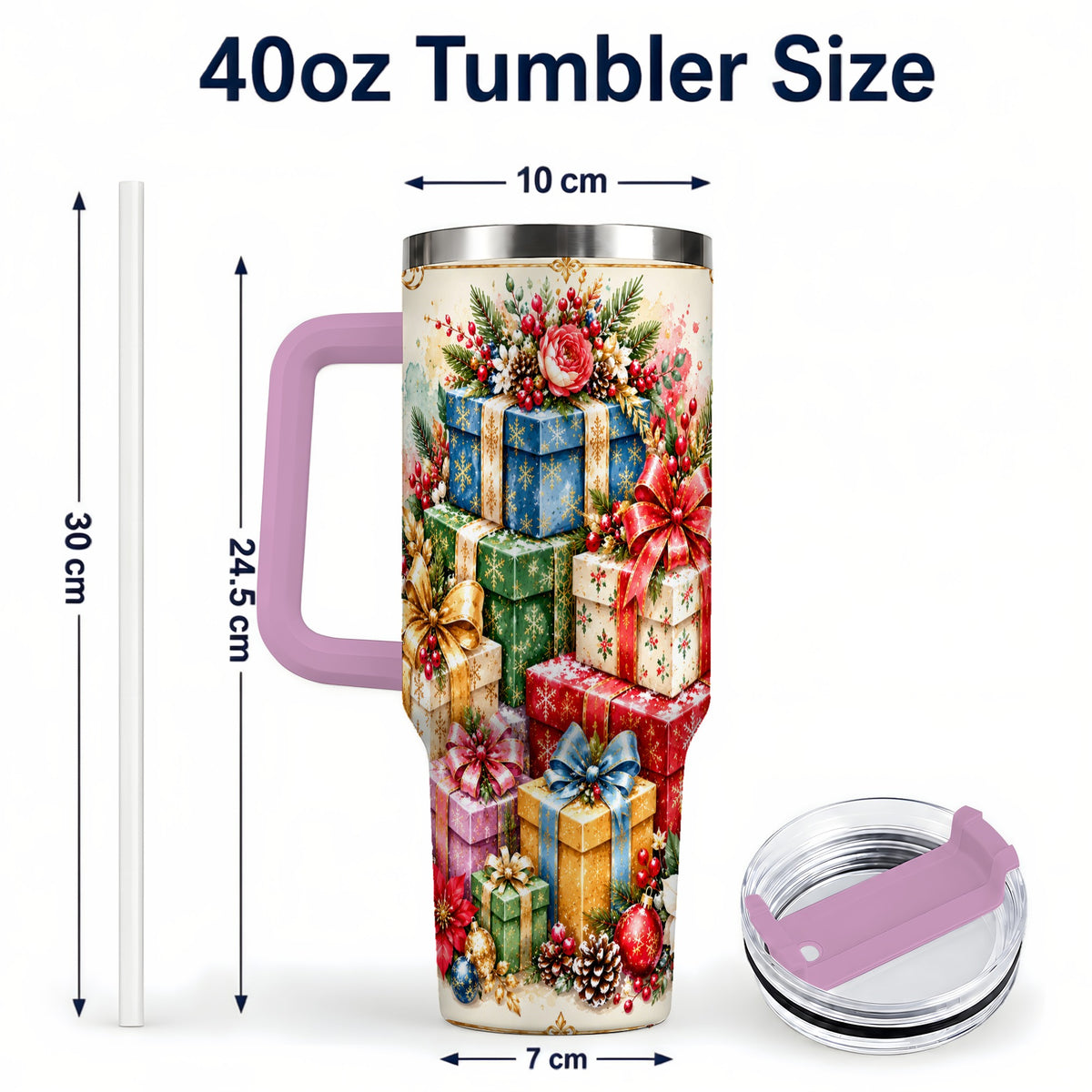 #pl[40oz|Pink] Christmas Presents 40oz Tumbler with Handle, Floral Holiday Drinkware