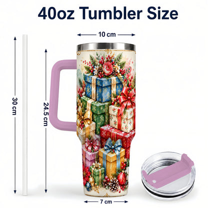 #pl[40oz|Pink] Christmas Presents 40oz Tumbler with Handle, Floral Holiday Drinkware