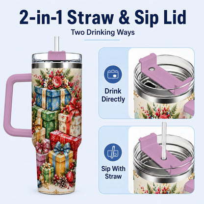 #pl[40oz|Pink] Christmas Presents 40oz Tumbler with Handle, Floral Holiday Drinkware