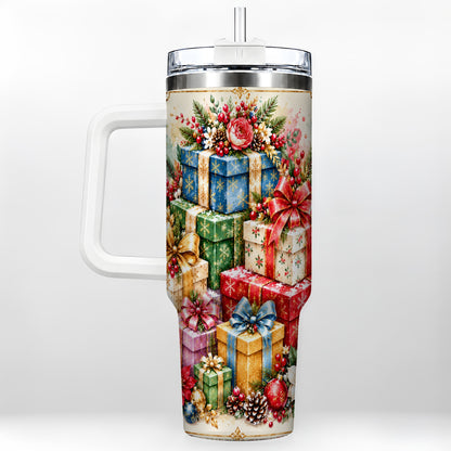 Christmas Presents 40oz Tumbler with Handle, Floral Holiday Drinkware
