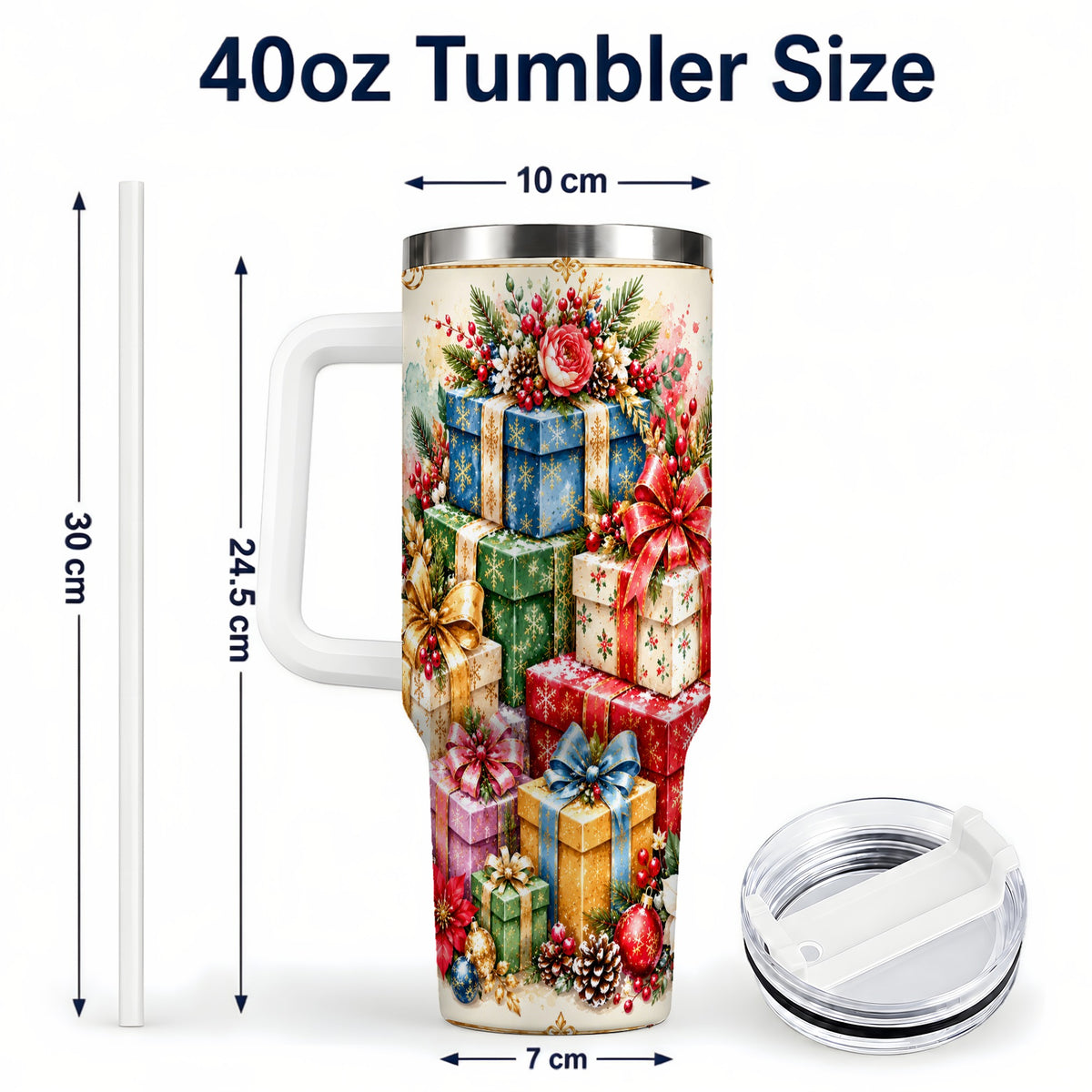 #pl[40oz|White] Christmas Presents 40oz Tumbler with Handle, Floral Holiday Drinkware